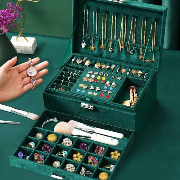 Jewelry Boxes for Women Green Velvet Jewelry Organizer with Lock,Teen Jewelry Or - Picture 9 of 9